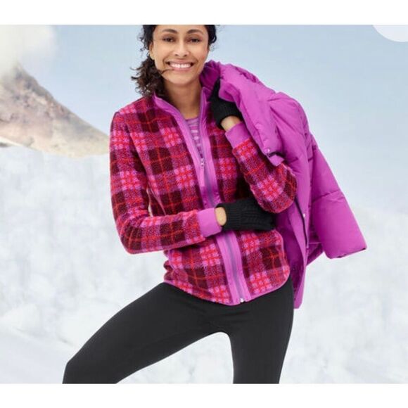 Talbots pink cozy plaid Sherpa zip front fleece size MP - Picture 2 of 12